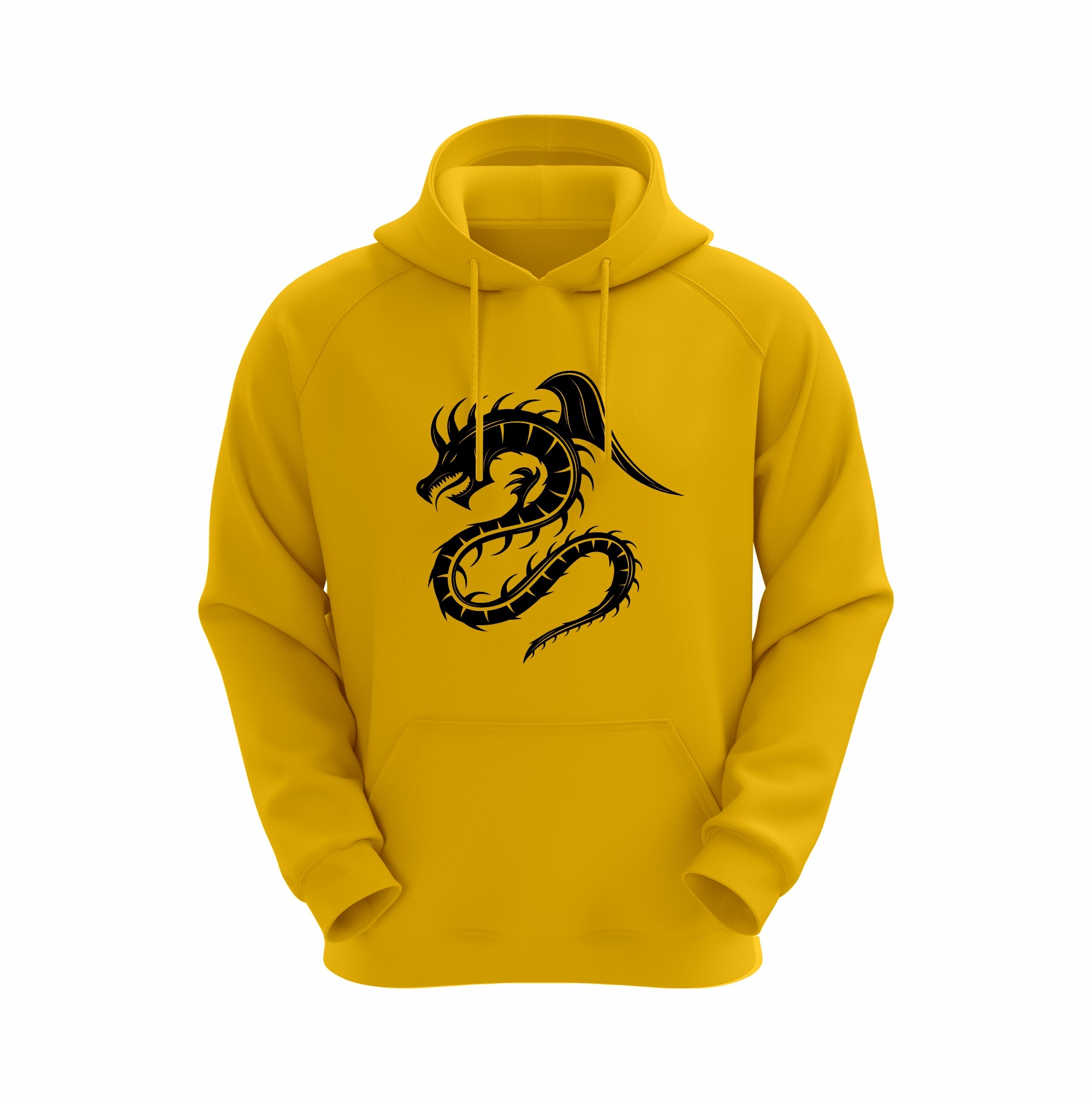Yellow hoodie with a black dragon design on a white background
