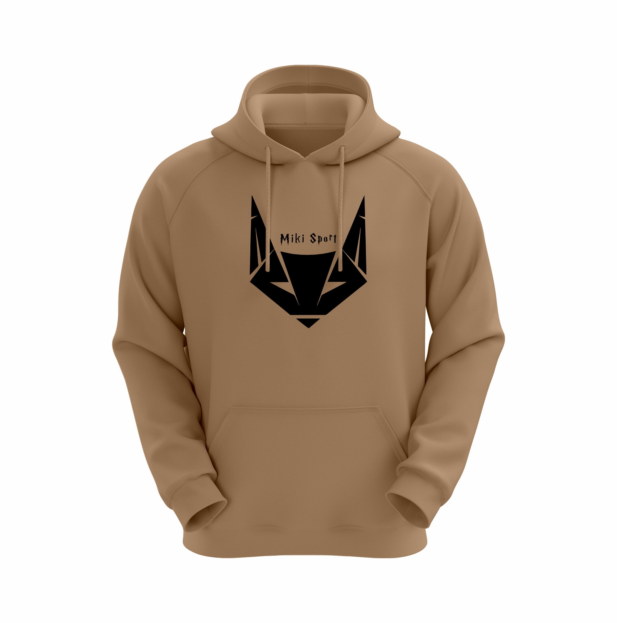 Brown hoodie with black fox logo and 'Miki Sport' text on a white background