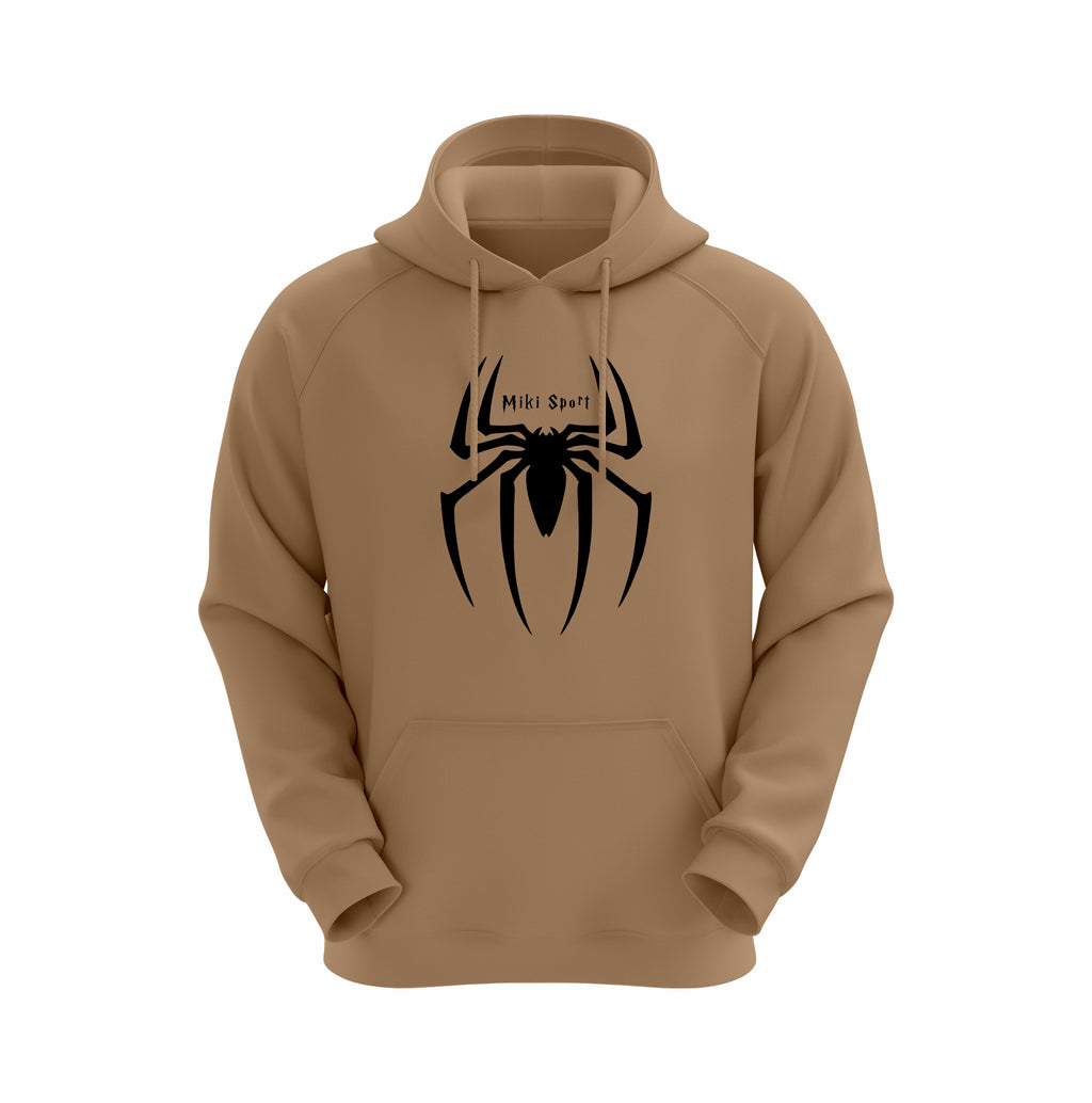 Brown hoodie with a black spider graphic on a white background