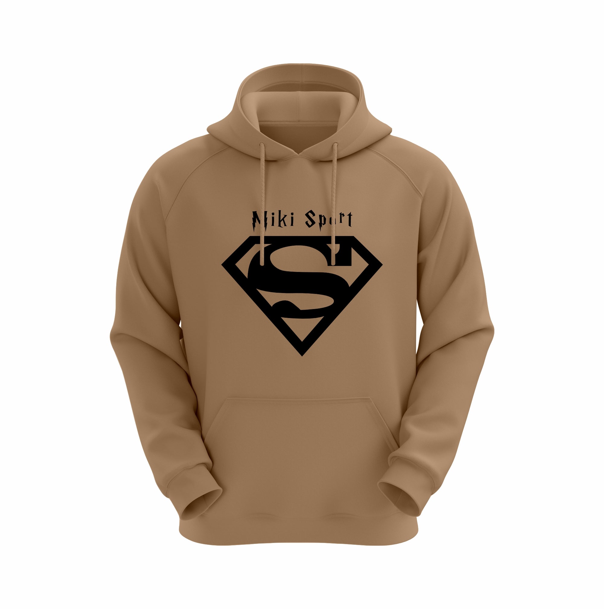 Brown hoodie with Superman logo and 'Niki Sport' text on a white background
