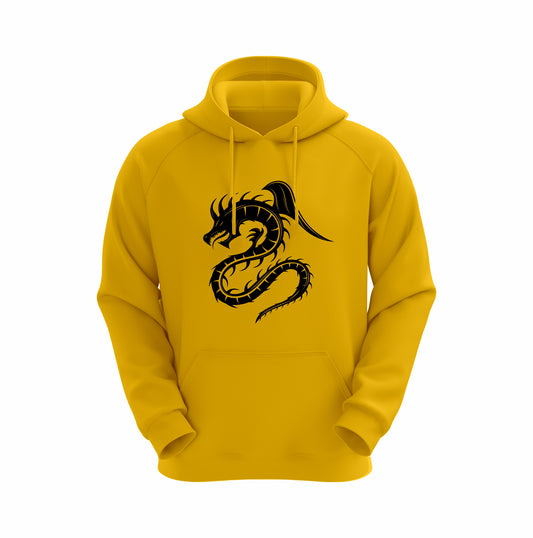 Yellow hoodie with a black dragon design on a white background