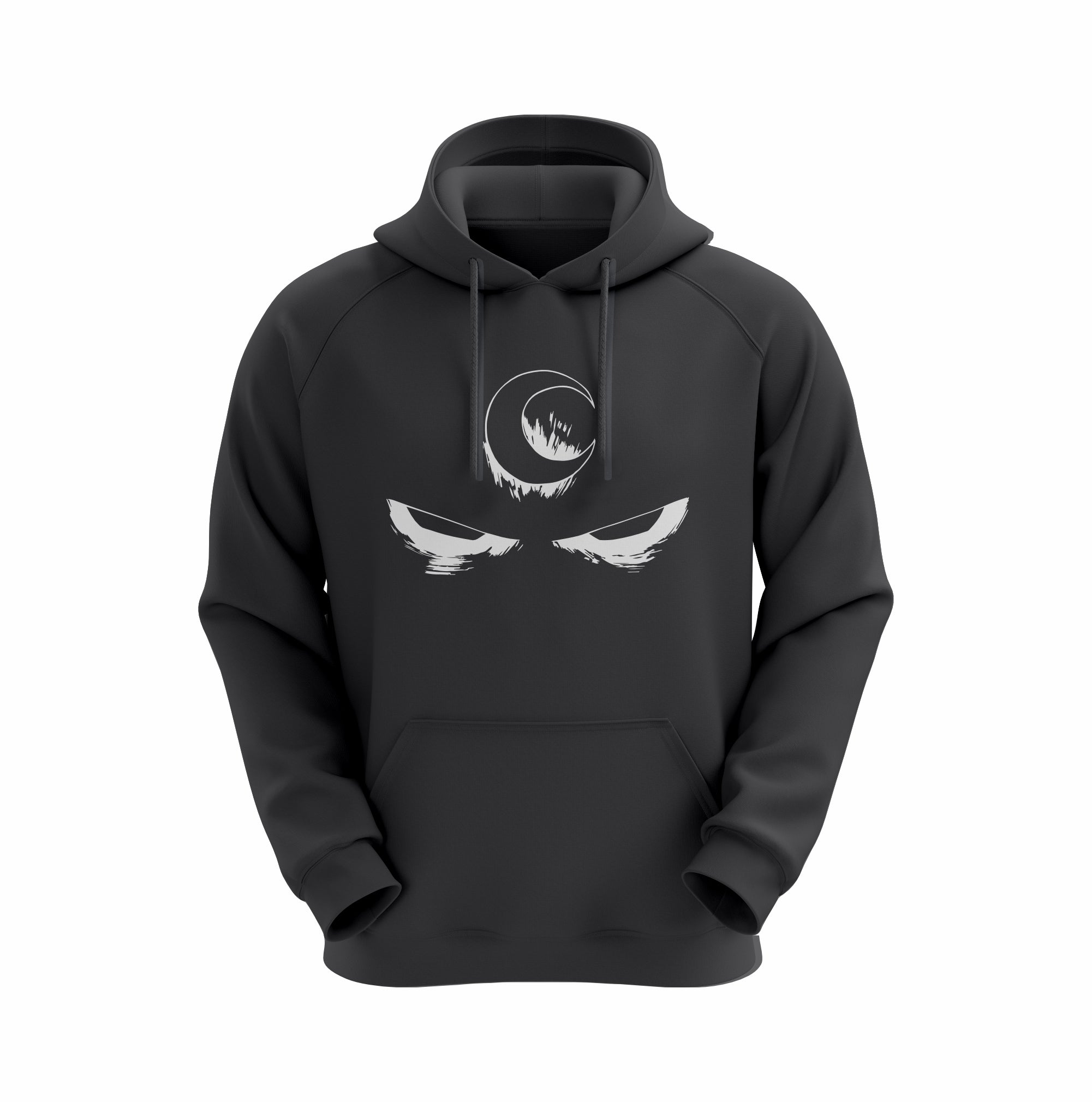 Black hoodie with white graphic design on a white background