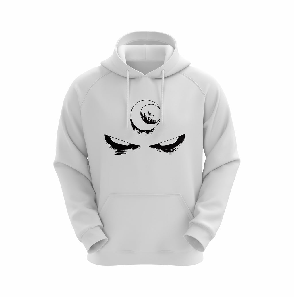 White hoodie with black eye design on a white background