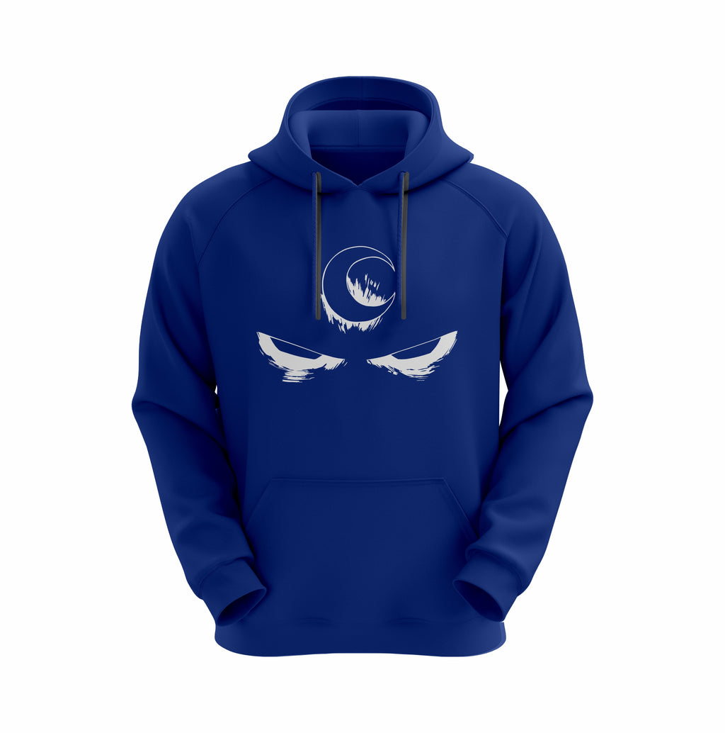 Royale Blue hoodie with white graphic design on a white background