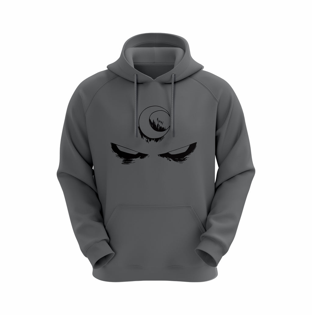 Gray hoodie with a black graphic design on a white background