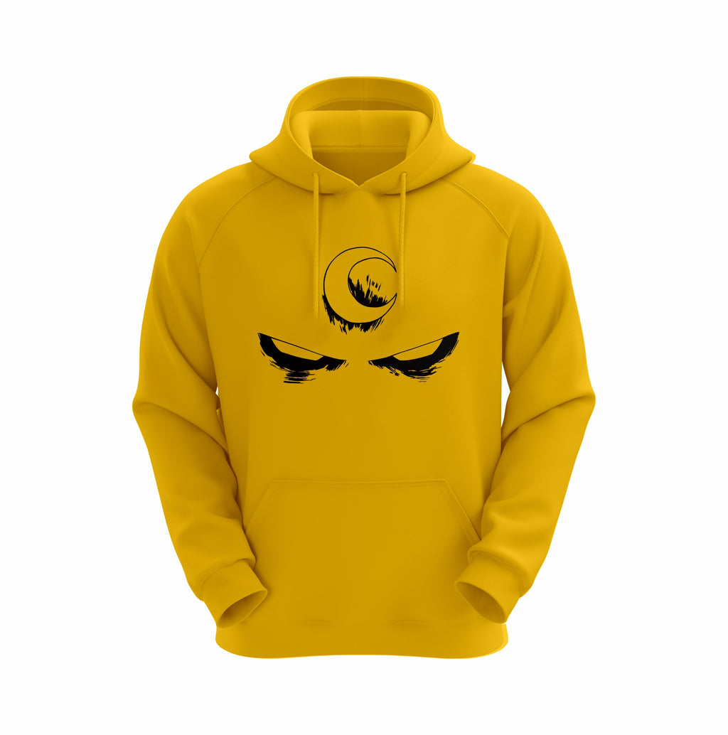 Yellow hoodie with black graphic design on a white background