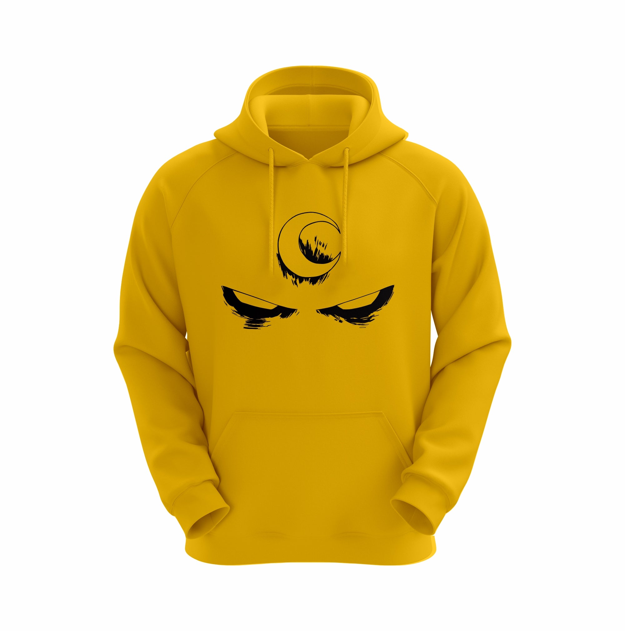 Yellow hoodie with black graphic design on a white background