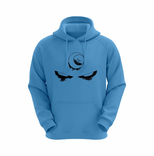 Sky Blue hoodie with black eye design on a white background