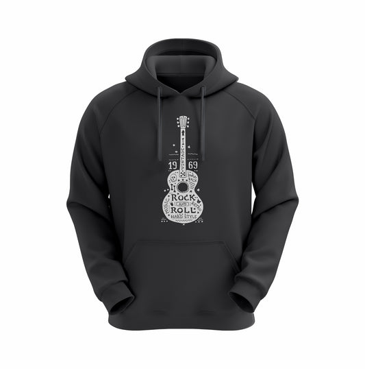 Black hoodie with a white guitar design on a white background